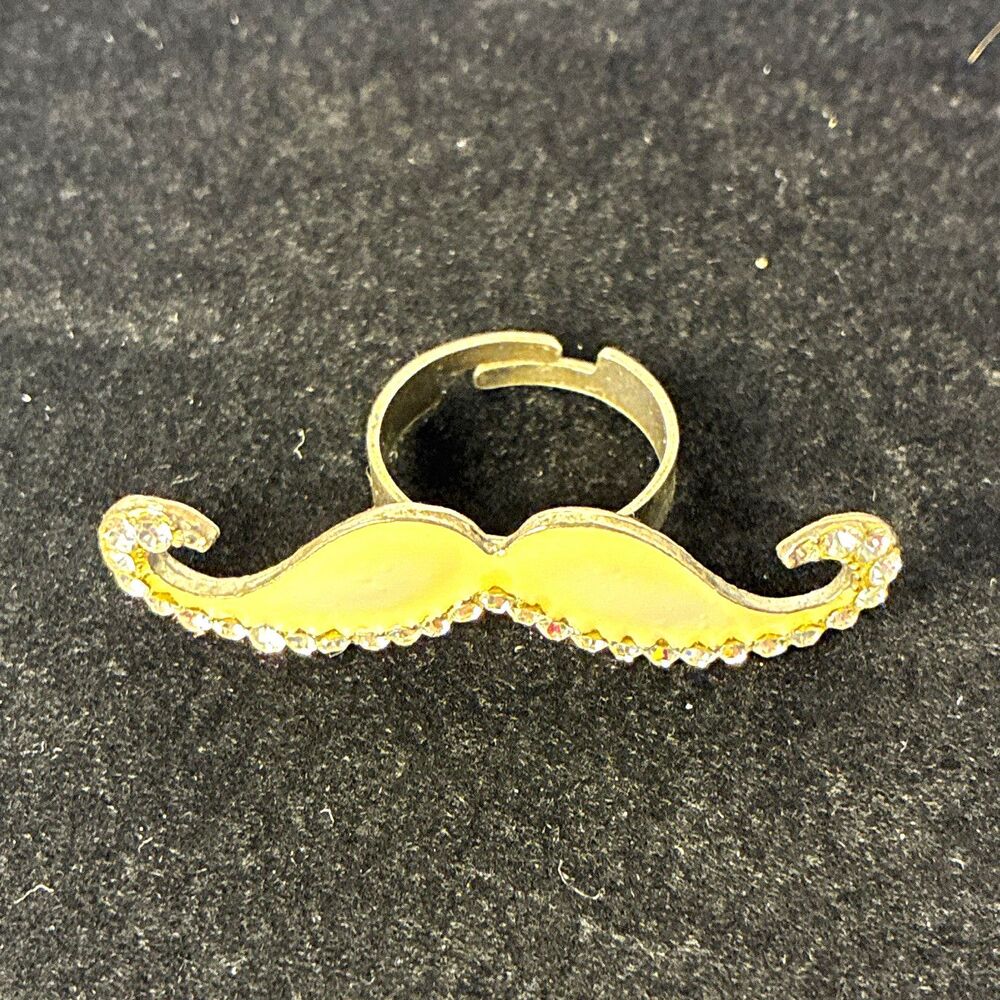 Adjustable Gold-Tone Mustache Band Ring Clear Round Crystal Rhinestones Novelty
